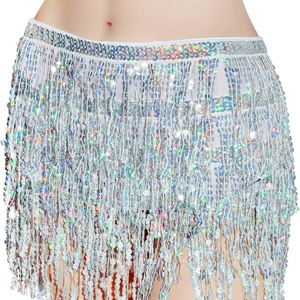 Belly Dance Hip Scarf Sequin Tassel Skirt Wrap Sparkly Rave Costume for Women - Picture 5 of 5